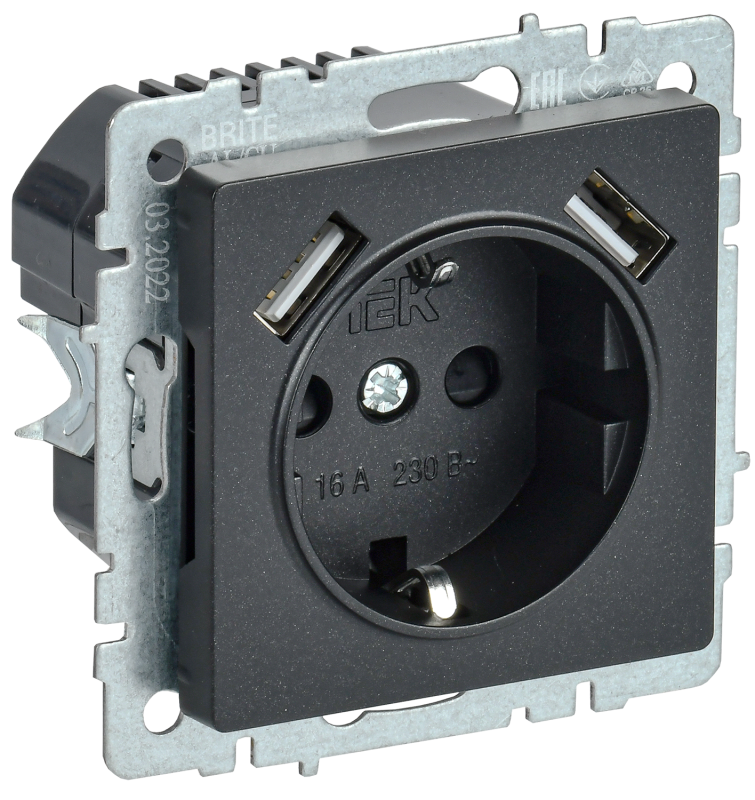 Механизм Розетки СП с з/к/ш 16А с USB A+A 3,1А РЮш10-2-БрЧ черн. BRITE IEK (упак.100/10)