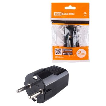 Вилка прямая с/з черная c перфорацией 10А 250В TDM