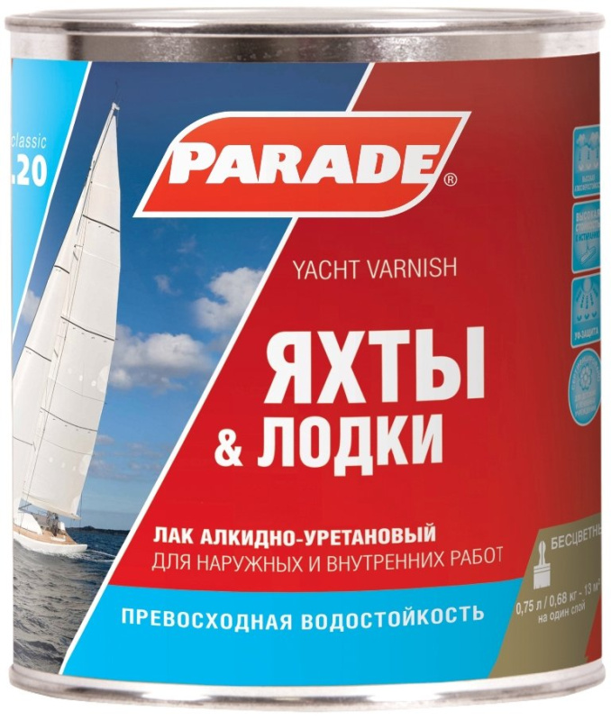 Лак яхтный алкидно-уретановый PARADE L20 Яхты и Лодки полуматовый 0,75л