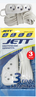 Сет. удл. Jett (ДЖЕТТ) ПВС 2х0.75 3 роз.  3 м 10А белый РС-3, кор.40шт