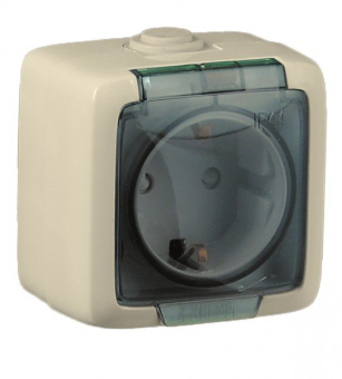 Розетка ОП 1-мест. з/к с крышкой дым. корпус слонов.кость Alfa IP44 (упак.15 шт.)