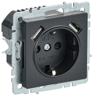 Механизм Розетки СП с з/к/ш 16А с USB A+A 3,1А РЮш10-2-БрЧ черн. BRITE IEK (упак.100/10)