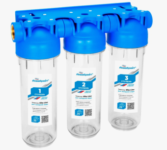 Фильтр магистральный трехступенчатый SL10" лат.рез.  3/4" прозрачный (Кронштейн+ключ) "Аквабрайт"(3)