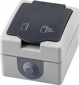Розетка ОП 1-я мест. с з/к, 250В, 16А, серия Велена IP54, Ферон, серый/графит, PST16-11-54