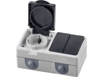 Блок: розетка одноместная с заземляющим контактом открытой установки, 250В, 16А + выключатель двухкл