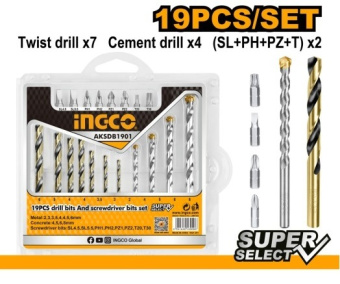Набор сверл и бит 19 шт INGCO AKSDB1901