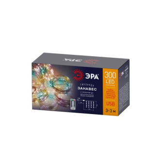 ЭРА Гирлянда-занавес Роса 300 LED 3x3м разноцвет пульт ДУ 2м USB IP20 5822